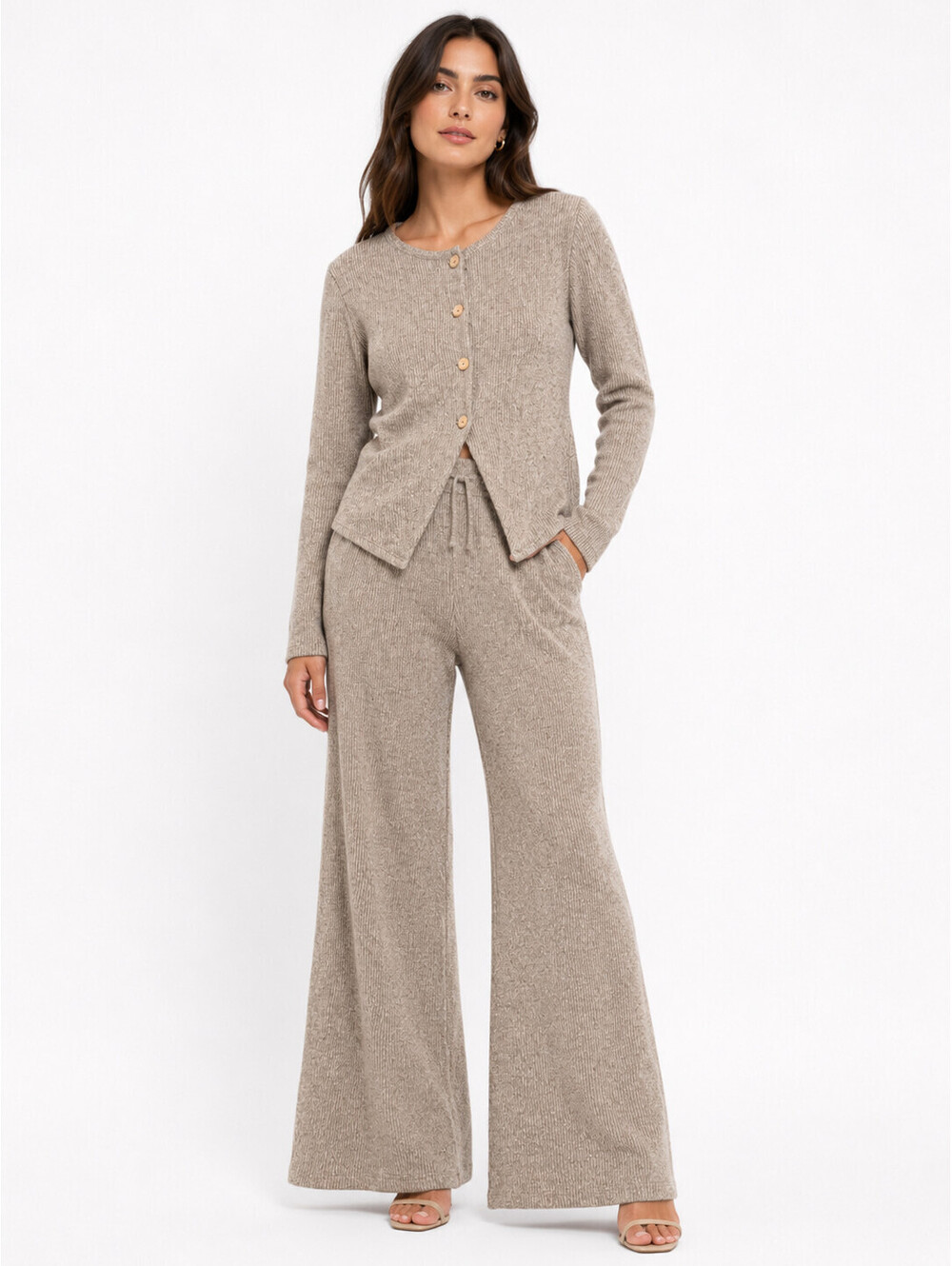 PrettyLittleThing Mocha Marl Ribbed Casual Trouser Co-ord Set Women's Sz S-M